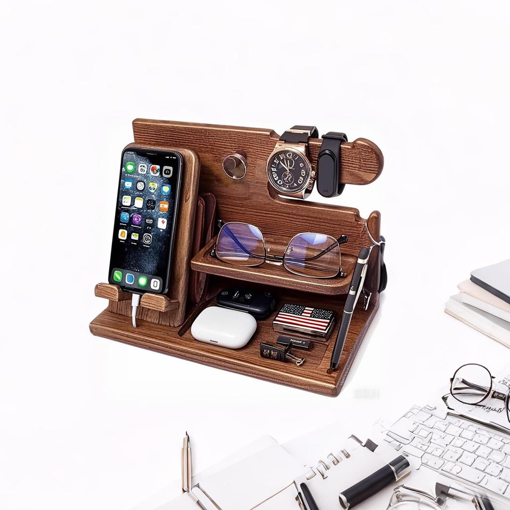 Birthday Gift for Wooden Smartphone Day Desk Organizer Watch Small Item Men Stand, Father's Gift, Stand, Stand, Storage.