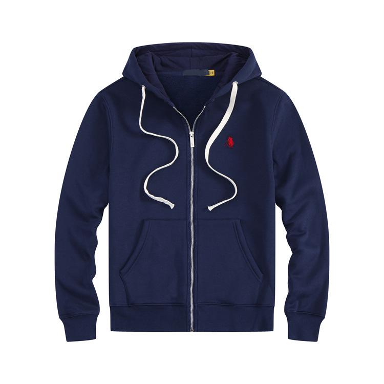 Men's Fleece-Lined Little Pony Embroidered Hoodie - Autumn/Winter, Loose Fit, Plus Size, Solid Color, Polo Style