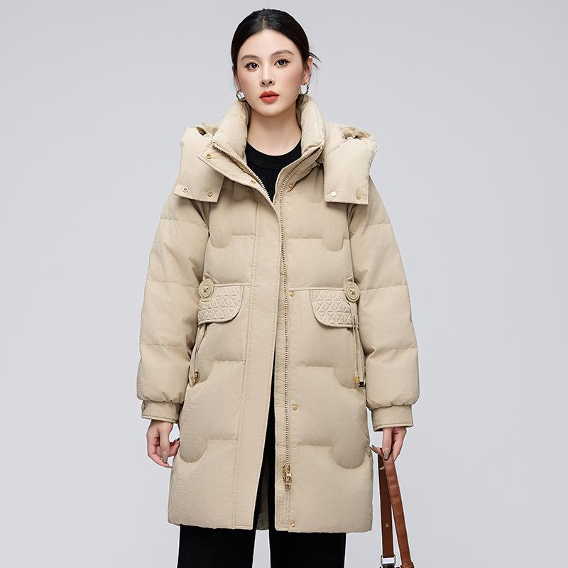 Mid-length down jacket for women new winter fashion hooded thickened warm white duck down jacket for women