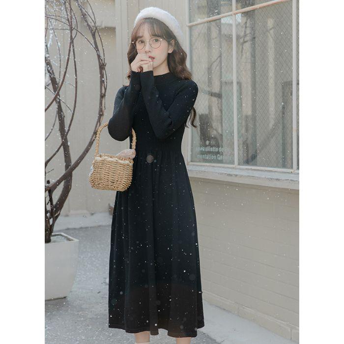 Petite Women's Winter Base Layer French Knitted Wool Long Dress Skirt, 2025 Style.