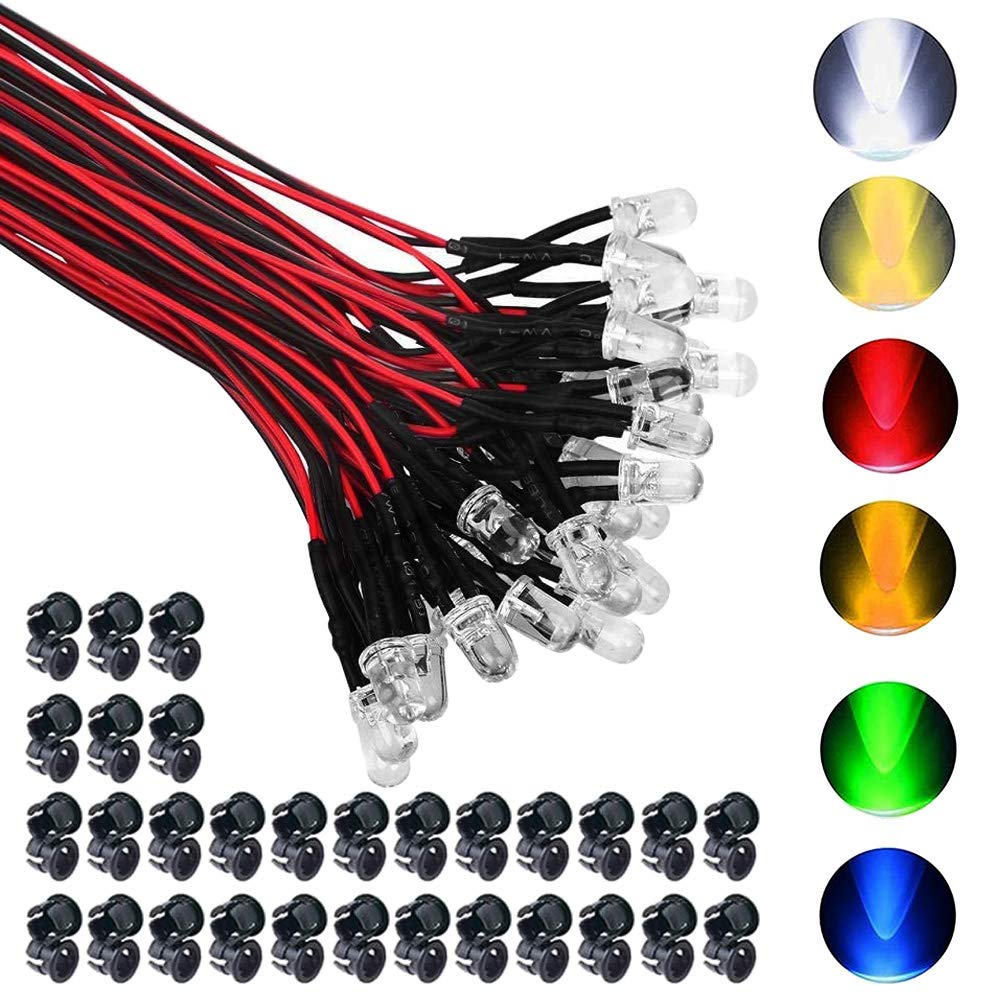 

GTIWUNG 60pcs 5mm High Brightness LEDs for 6 Colors Available Warm and Yellow 60pcs Dedicated Mounting LED Holders Pre-Wired Bullet-Shaped 12V, -