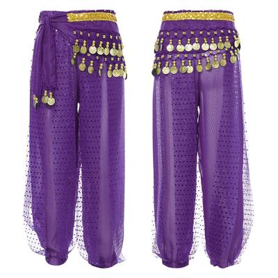 Meisjes Buikdansbroek Pailletten Stippen Chiffon Broek Elastische Tailleband Bloeiers Kwastjes Tailleketting Heupsjaal