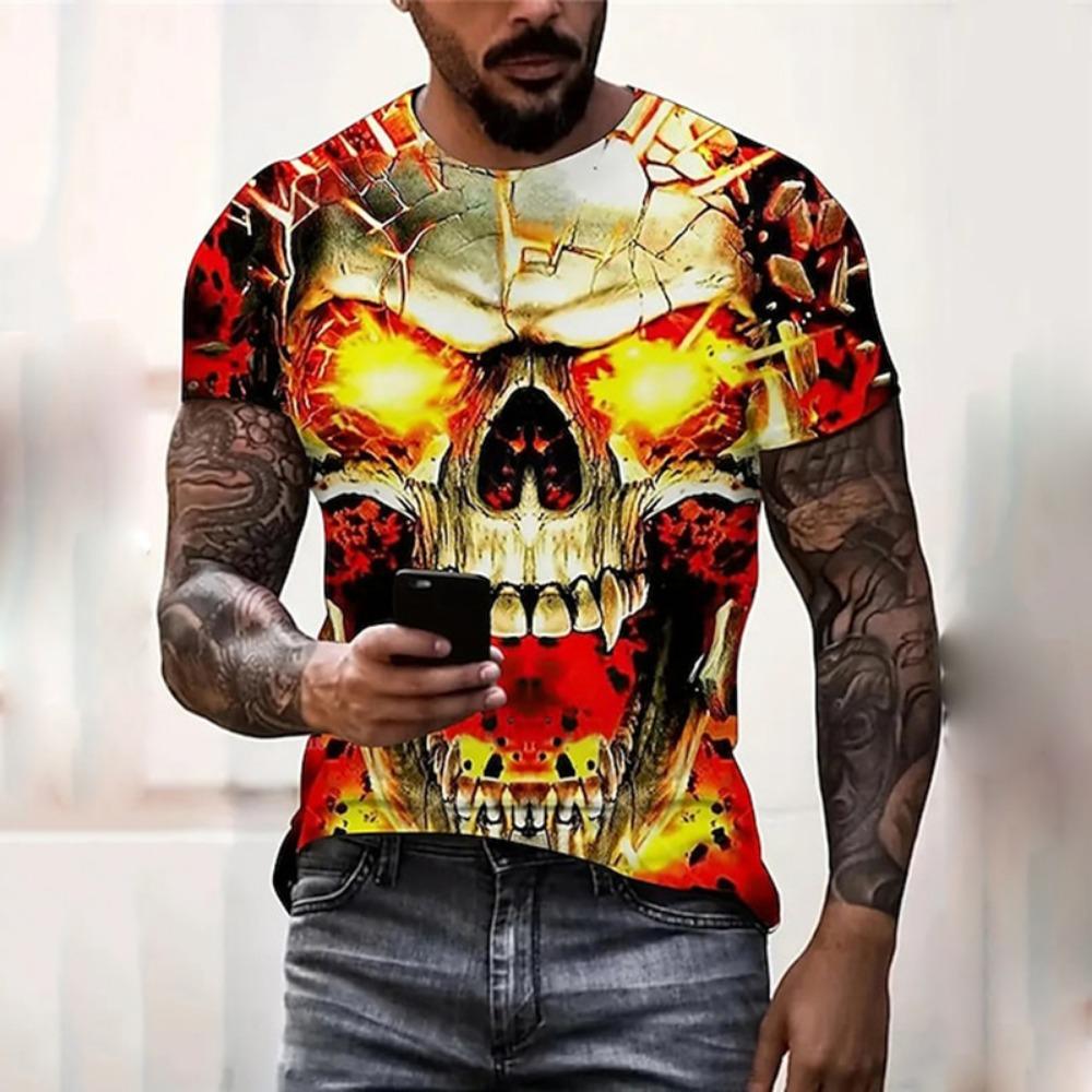 2025-2026 New Trend Men's Street Style Printed Skull Pattern Summer Casual Harajuku Retro Men's Y2K Top Fashion Short Sleeve T-Shirt