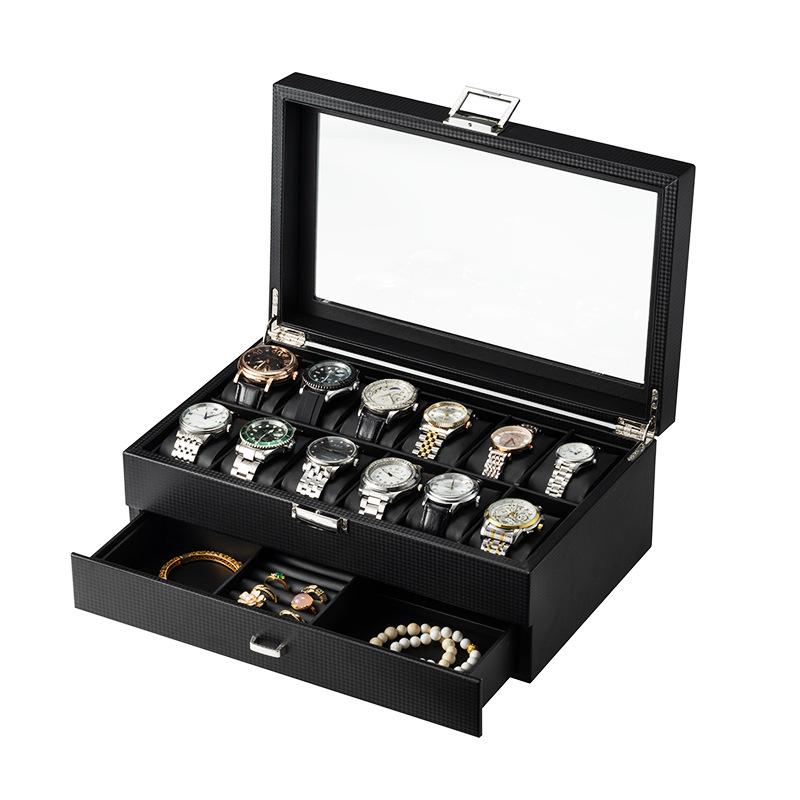 Double Layer Carbon Fiber PU Watch & Jewelry Display Box