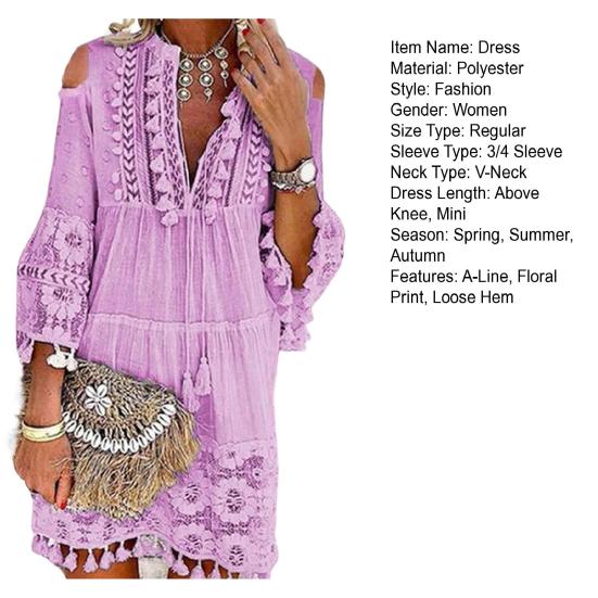 V Neck 45720 Sleeve Cold Shoulder Front Lace-up High-Waist Boho Dress Retro