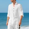 Linen Shirt Stand Collar Button-Up Men's Loose-Fit Casual Breathable V-Neck Henley Long-Sleeved T-Shirt for Men