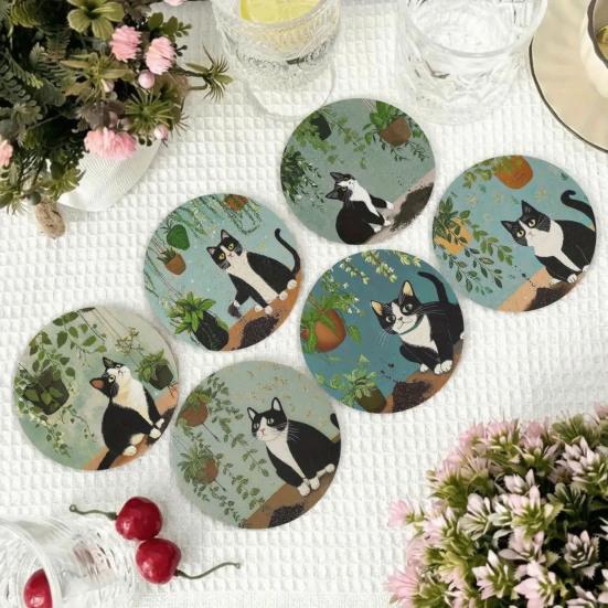 Unique Cat Themed Gifts Wooden Coasters, Decorative Heat Resistant Table Mats, Non-slip Cup Protective Mats for Furniture Insulation Coasters