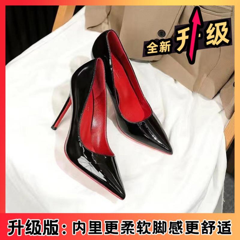 Black pointed high heels, new simple, sexy and fashionable patent leather single shoes, one pedal, thin heel single shoes