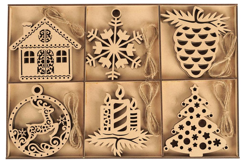Inkdotpot 18ks vánoční ozdoby, nedokončené dřevěné laserové výřezy ozdoby ve tvaru stromku/zvonku Závěsná ozdoba