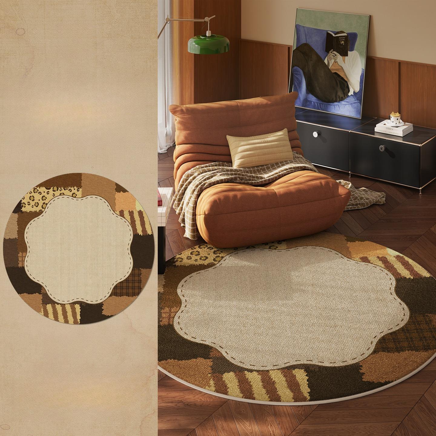 Décoration de Chambre Style Rétro Tapis Rond Maison Tapis Épais en Peluche Tapis Couleur Dopamine pour Salon Tapis Doux Moelleux pour Sol de Salon 80x80CM