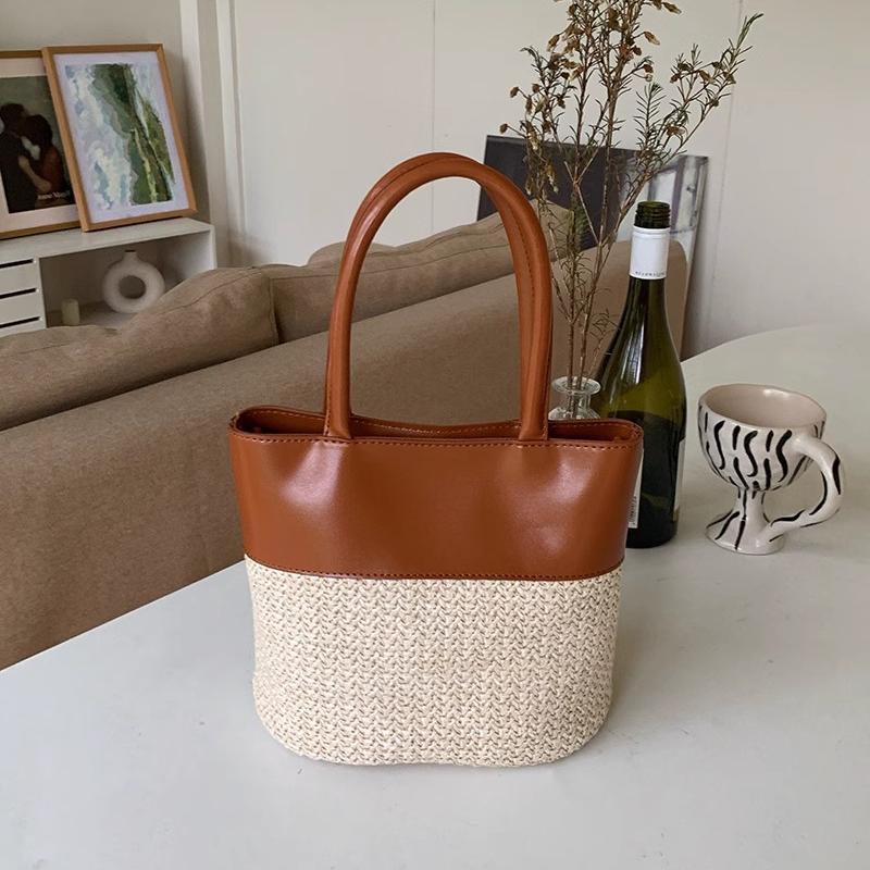 Women's Handbags Fashion Straw Patchwork Leather Top Handle Bags Summer Large Capacity Tote Bags Casual Beach Crossbody Bags