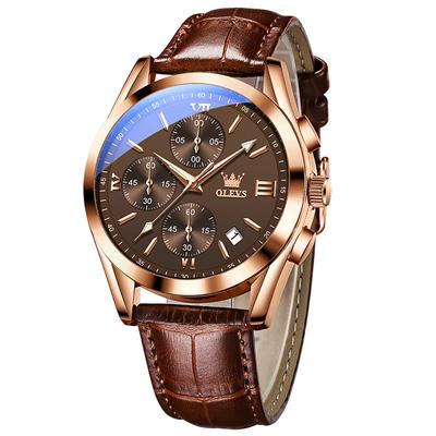 Brand Brown Leather Date Quartz High School Day Watch for Men OLEVS Men's Wristwatch, Waterproof, Gold, Name, Simple, Stylish, Business, Strap,