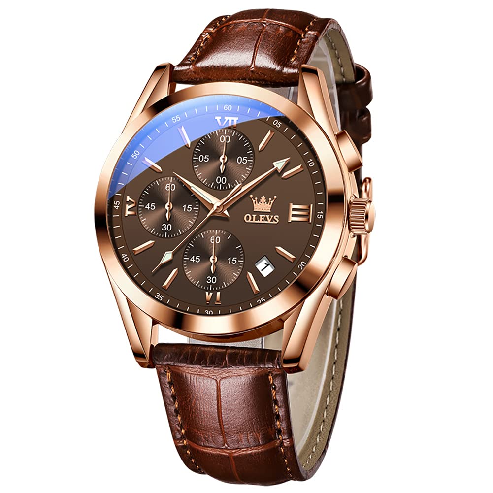 Brand Brown Leather Date Quartz High School Day watch for men OLEVS Men's Wristwatch, Waterproof, Gold, Name, Simple, Stylish, Business, Strap,