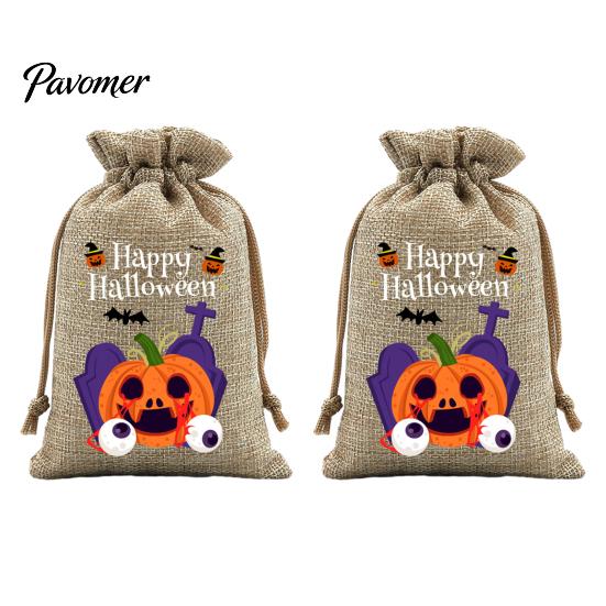 Trick or Treat Party Souvenirs 2Pcs Halloween Pumpkin Drawstring Bags for Candy Treats, Retro Burlap Rustic Linen Goodie Bags, Portable Kids