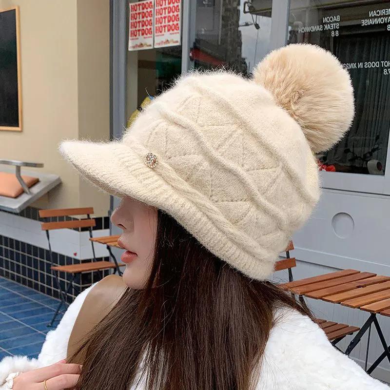 WTEMPO Rabbit Hair Blend Woolen Winter Hats Women All-match Hairball Peaked Caps Windproof Thickened Warm Plush Bomber Hats