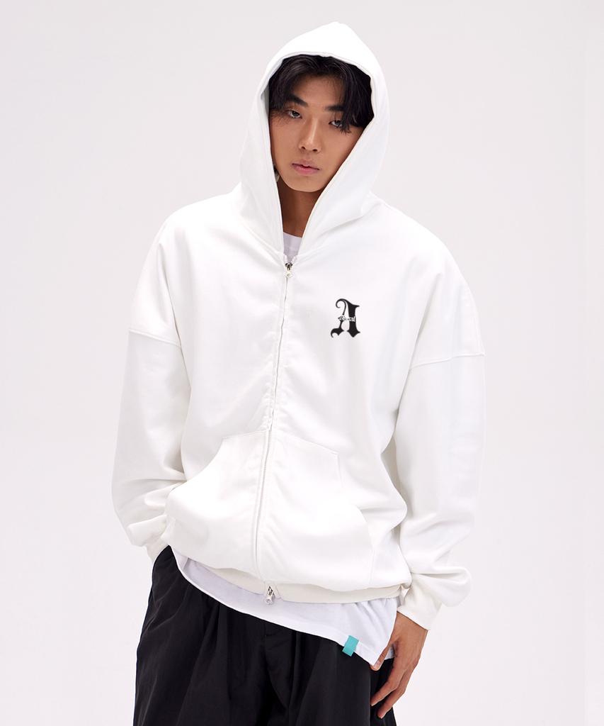 Astral Projection Astral A Oversized Wide Shoulder Zip-Up Hoodie_White