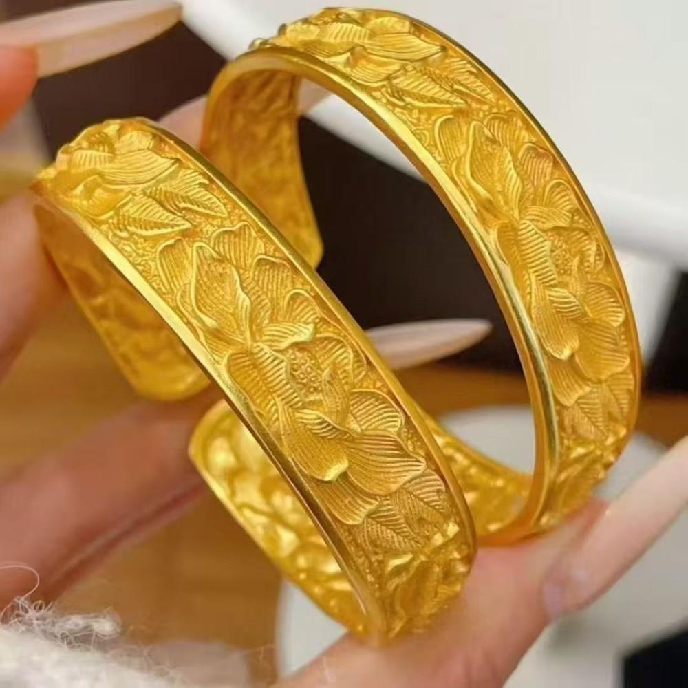 Opening Chinese Style Bangle Wide Wrist Jewelry Exquisite Golden Bracelets  Daily