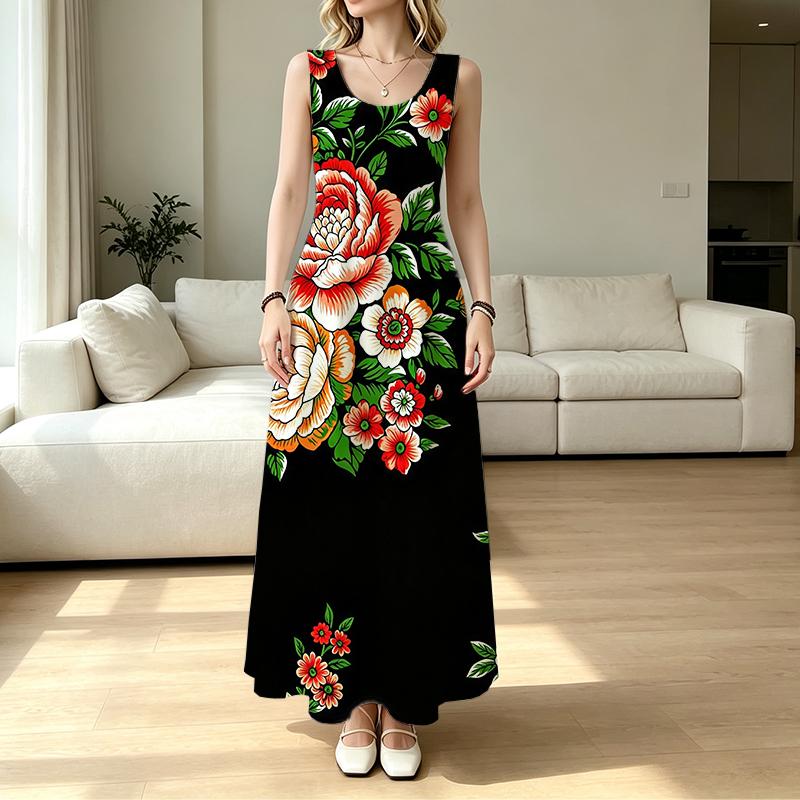 U-Neck Sleeveless Floral Print Maxi Dress Comfy & Versatile,Perfect for Daily Casual Wear & Vacation Travel Photos