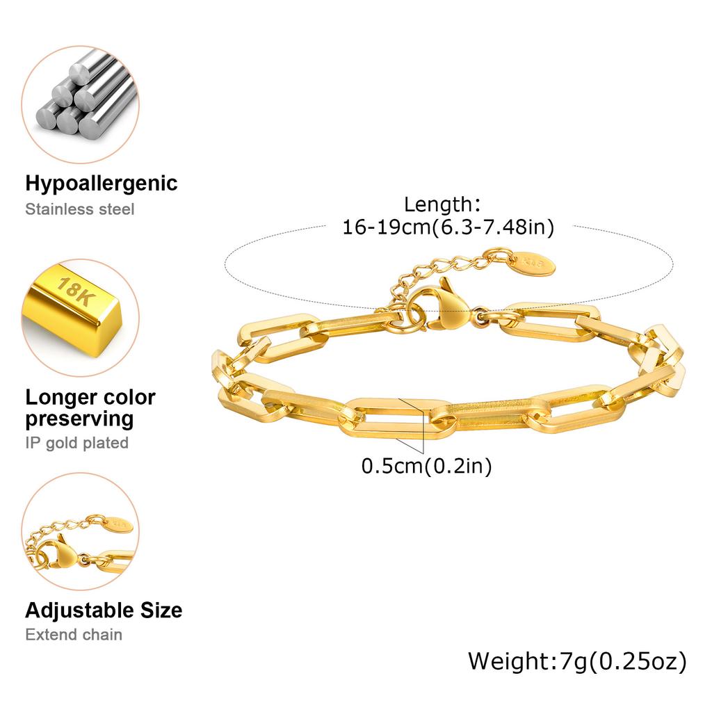 Vnox Paperclip Chain Bracelets,Stainless Steel Jewelry For Women Girls,Gold Color Classic Rectangular Oval Tail Bracelets Daily