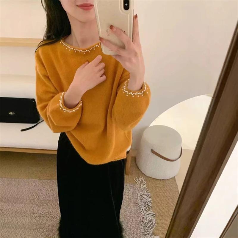 Gentle Wind Fashion Heavy Industry Bead Knitted Sweater Women's Autumn and Winter New Loose and Thin Pullover Solid Color Sweater Women