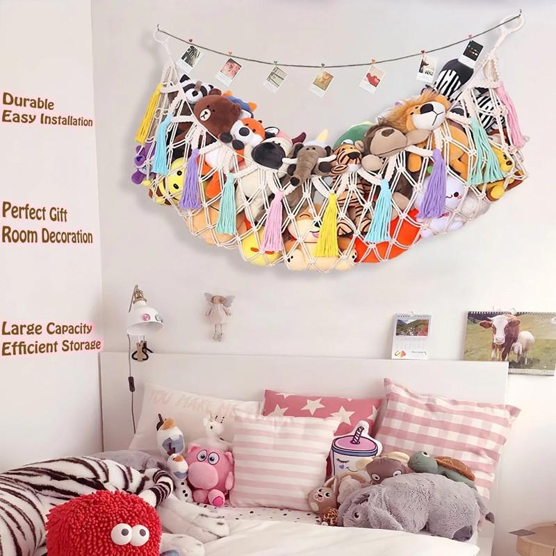 Large Stuffed Animal Hammock Space-Saving Toy Storage Net Polyester Hanging Shelf Plush Organizer for Bedroom Nursery Home Decor