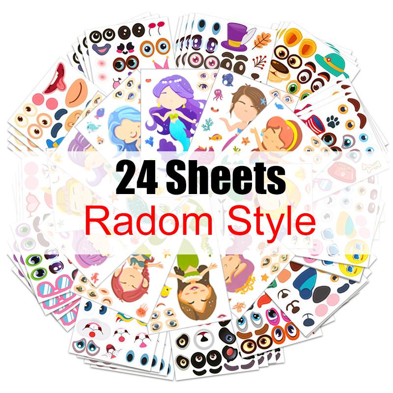 6/12/24/36Sheet Make an Animal Face DIY Sticker Random Mix Animal Mermaid Face Jigsaw Puzzle Stickers Cartoon Table Pet Gift ZYF