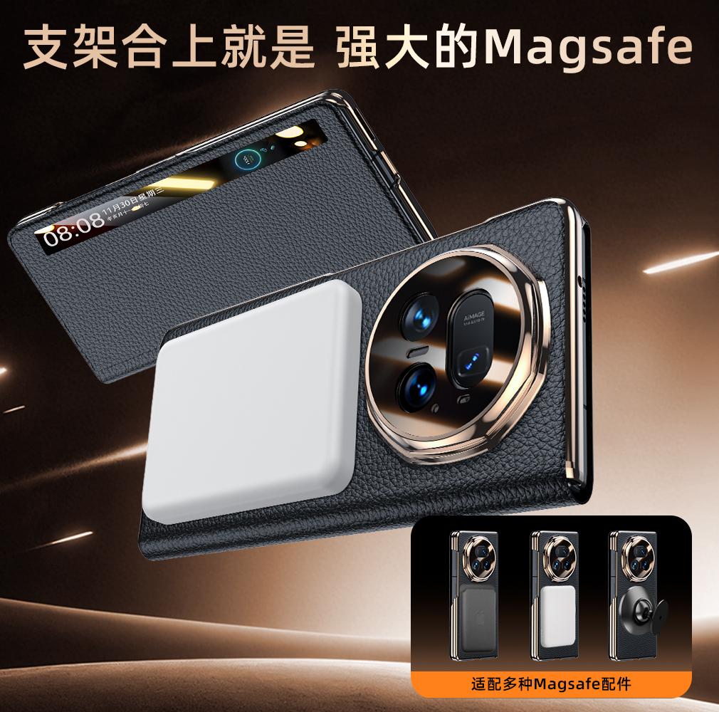 Smart Touch View Window For Honor Magic V5 Genuine Leather Case Magsafe  360° Rotation StandMetal Kickstand Flip Leather Cover