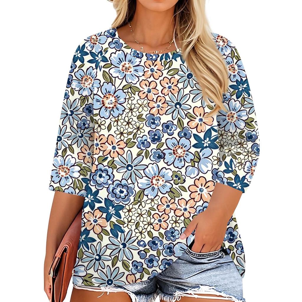 Women's Fashion Casual Print Round Neck 3/4 Sleeve T-Shirt Top