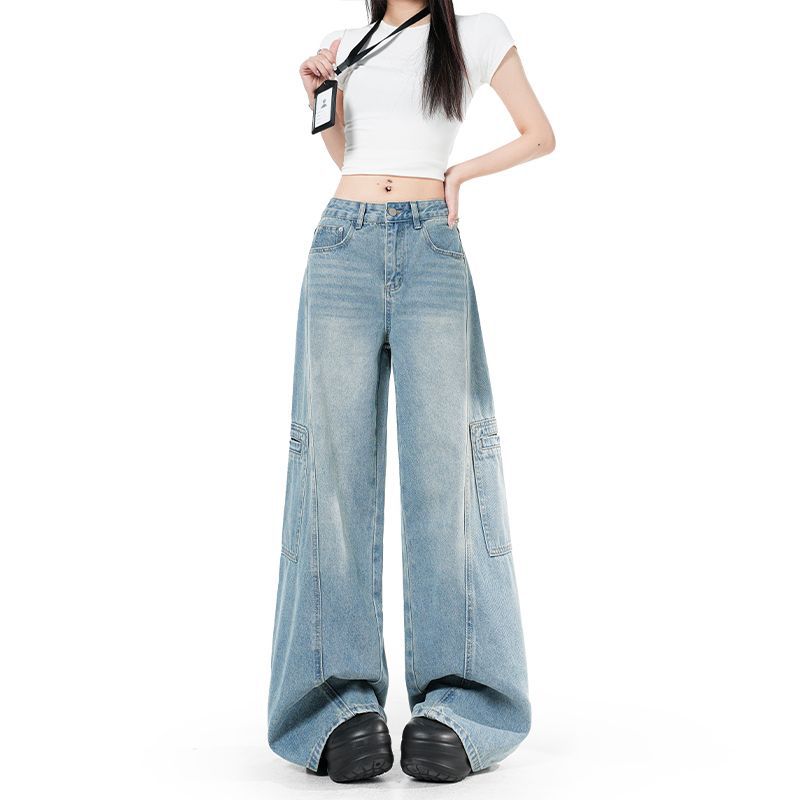 Spring Summer Multi Pocket Cargo Relaxed Wide Leg Trendy Denim Pants Ladies Casual Pants Oversize Denim Trousers