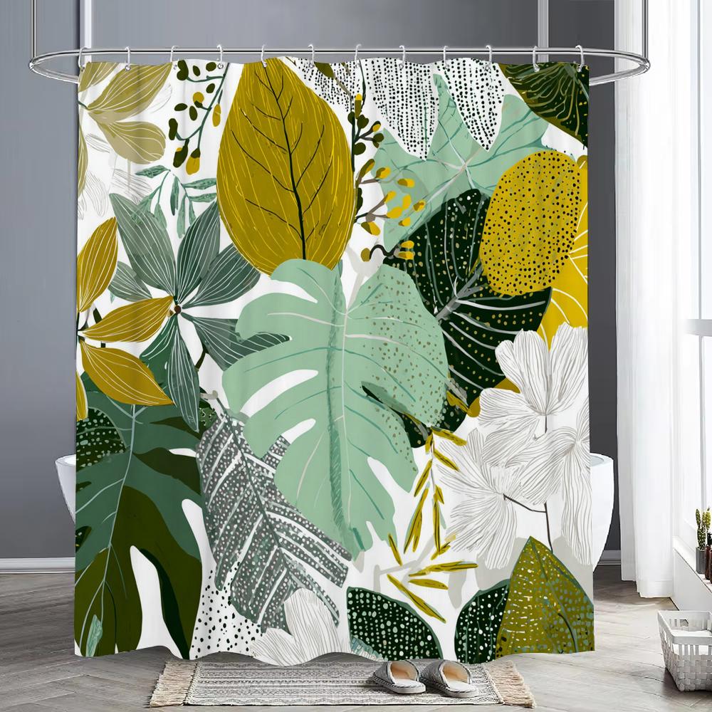 Green Plants And Leaves Tropical Leaf Shower Curtain, Bathroom Decorative Shower Curtain, Print Fabric Home Curtain With Hooks