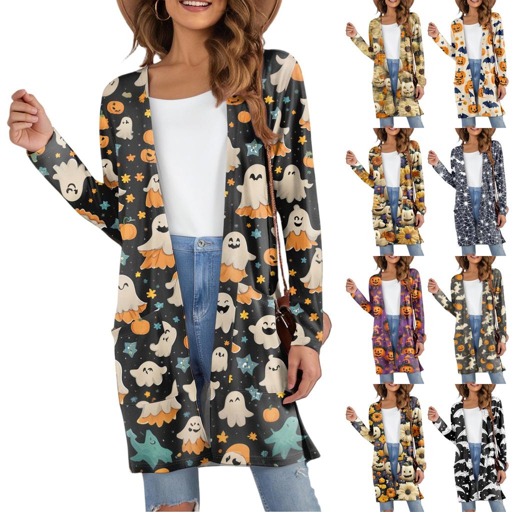 Women's Fashion Casual Comfortable Halloween Printed Mid-Length Cardigan With Pockets Jacket