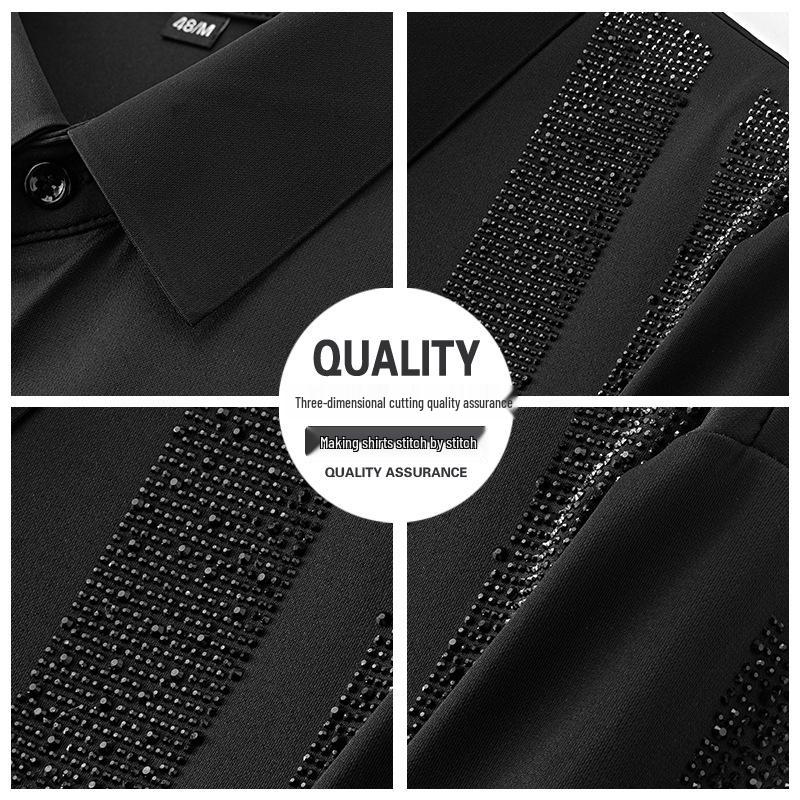 Camicia da uomo di lusso con strass, senza stiro, a maniche lunghe