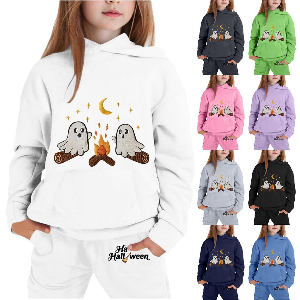 Kids Hoodie and Pants Set Halloween Print Pullover Sweatshirt with Hood Long Sleeve Top and Elastic Waist Bottoms for Children
