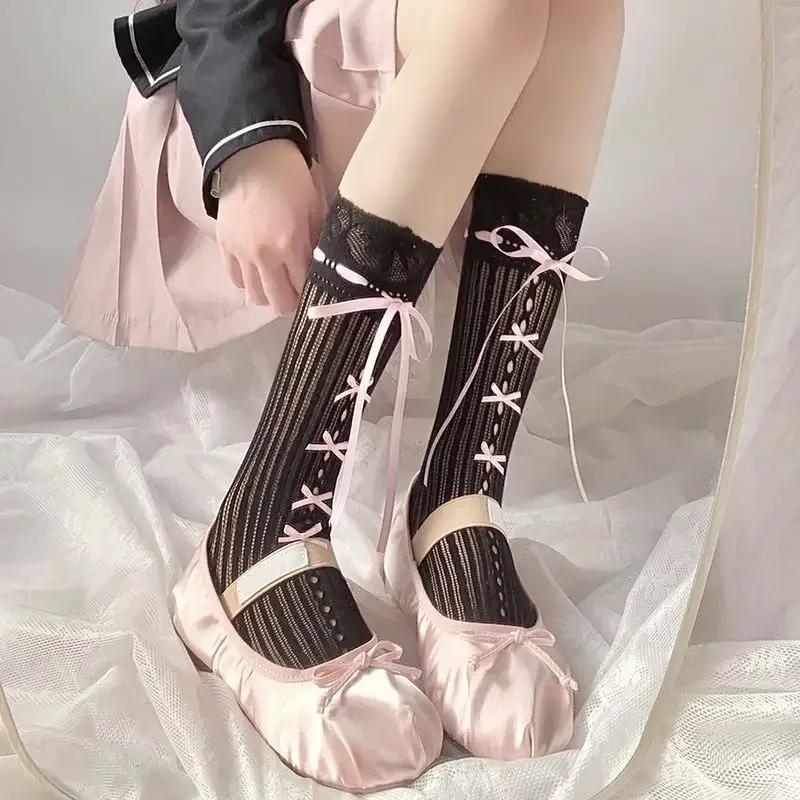 

Чулки-гольфы с бабочкой, ажурные, в полоску, Y2K, Лолита, носки с лентами, бантиками, длинные, до колена, носки в балетном стиле, ремешок, бантик, носки JK One Size