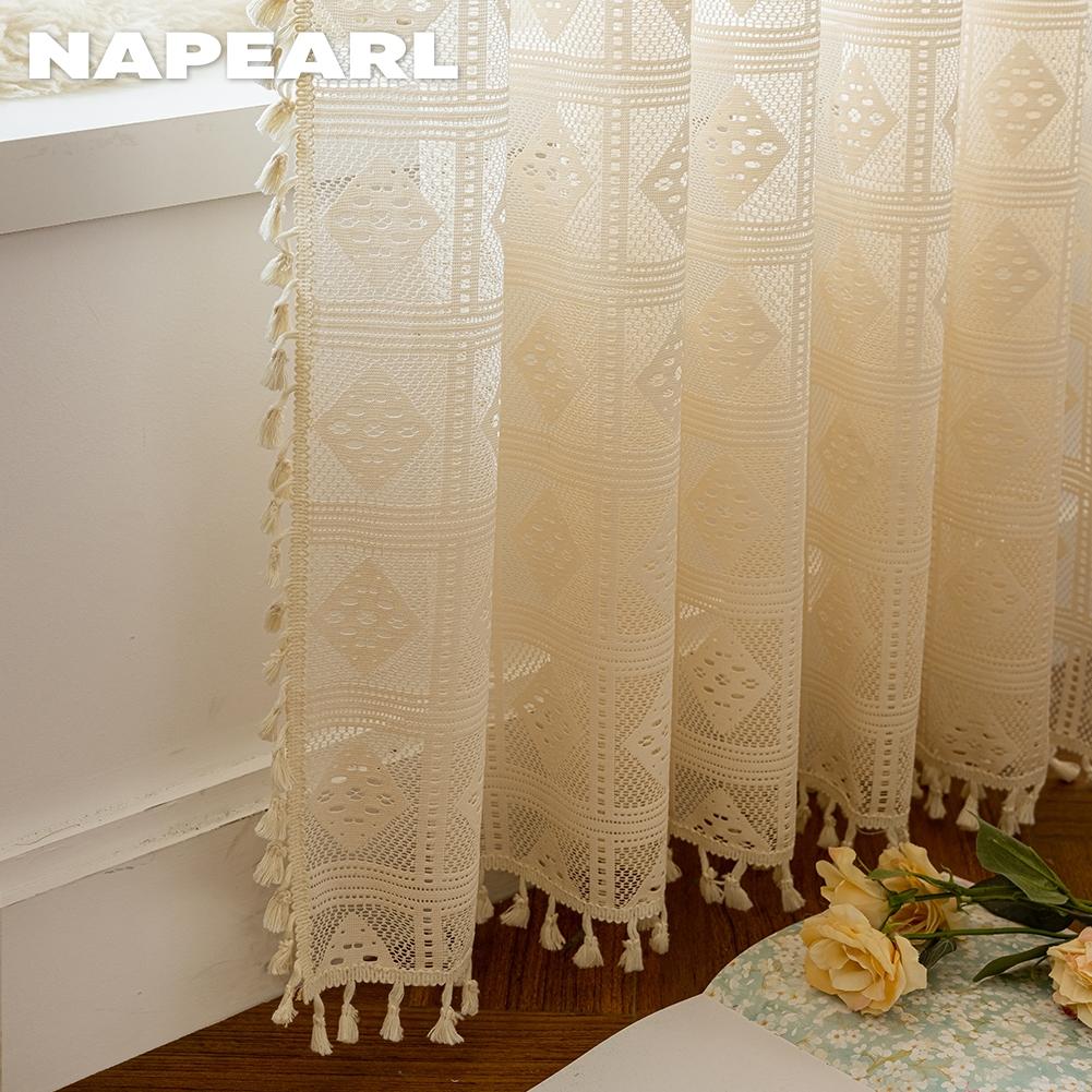 1ks NAPEARL 10-20% zatemnění Francouzský retro jednobarevný dutý diamantový mřížkový okraj Průsvitný závěs pro obývací pokoj Ložnice Balkon Domácí Dekor