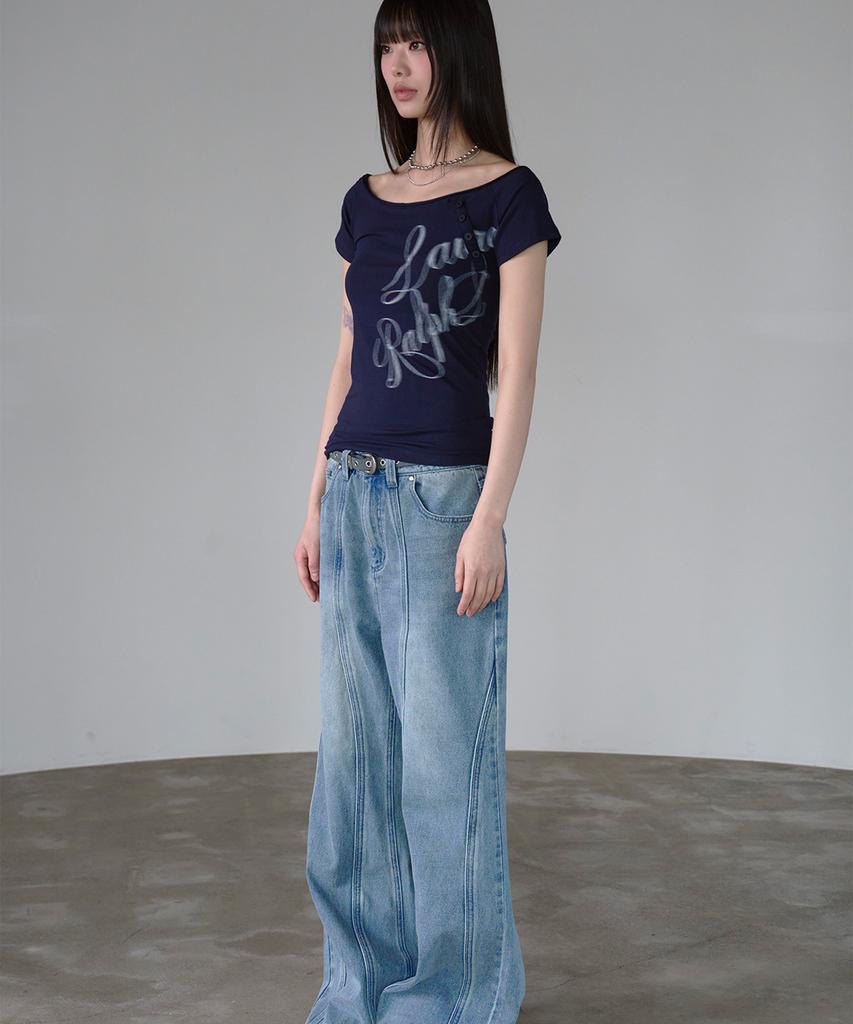 PRENDA Lettering One Off Shoulder Short Sleeve Navy