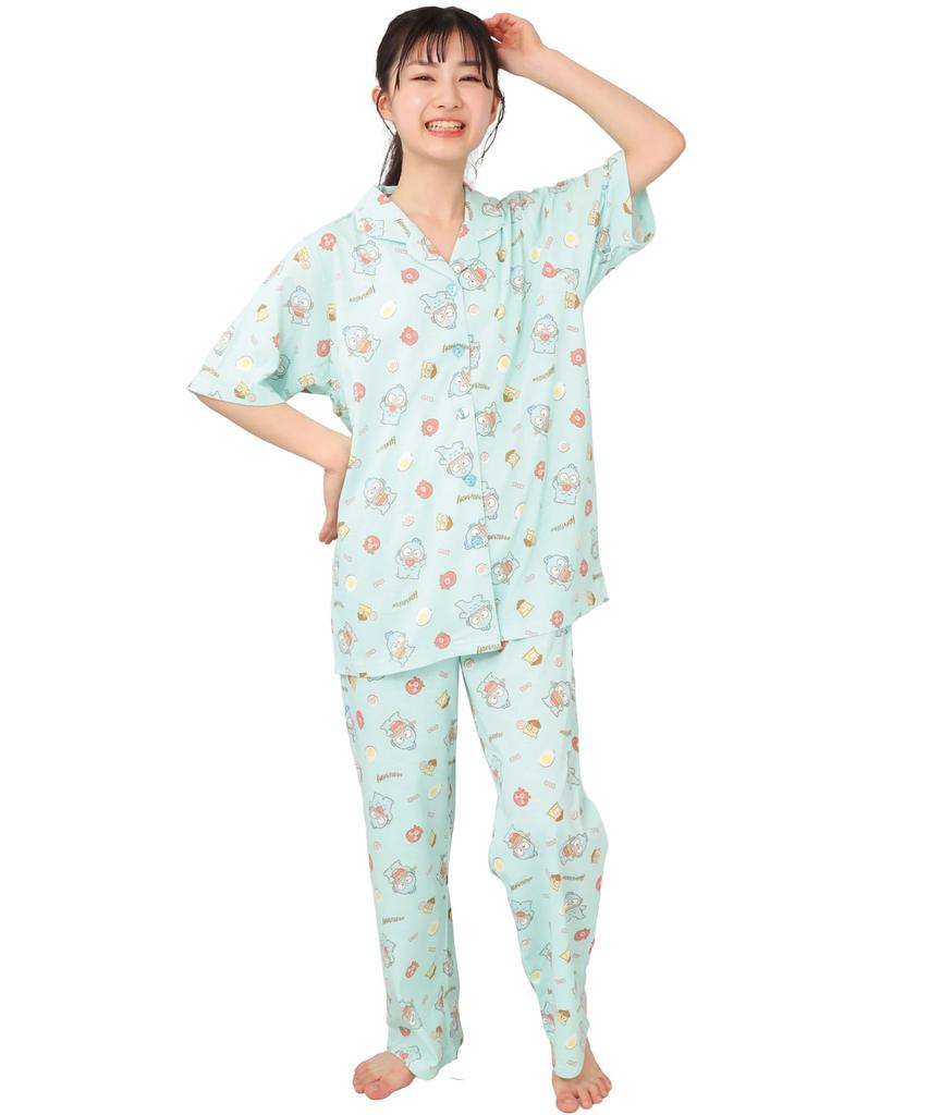 SAZAC Hangyodon Cotton Jersey Pajama Set with Short Sleeves and Pants Women's (Mint/Medium/SAN1807)