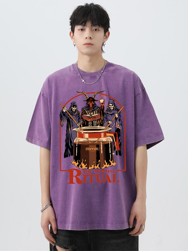 The Morning Ritual Coffee Funny Washed Retro Men T Shirts Summer Cotton T-Shirts Breathable Loose Clothes