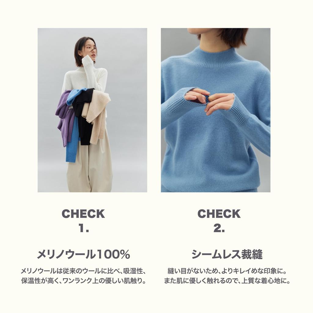 STILLWALKING Knit High Long Merino Solid Women's Sweater, Neck, Sleeve, 100% Wool, Simple, Color, Fall/Winter (JP, Alphabet, M, White)