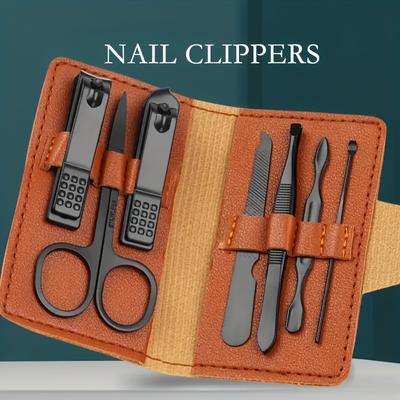 Professional Travel Nail Clippers Manicure Set 7 Pieces With Leather Bag Stainless Steel Nail Care Tools Nail Grooming Kit