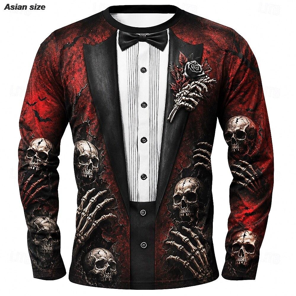 2026 Halloween Mannen Schedel Skelet T-shirt Lange Mouwen T-shirt 3D Print Ronde Hals Shirt Mode