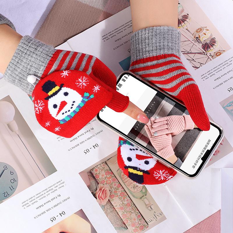 Christmas Women Gloves Winter Half Finger Flip Lady Cute Youth Warm Knitting Wool Students Writing Game Fingerless Mittens