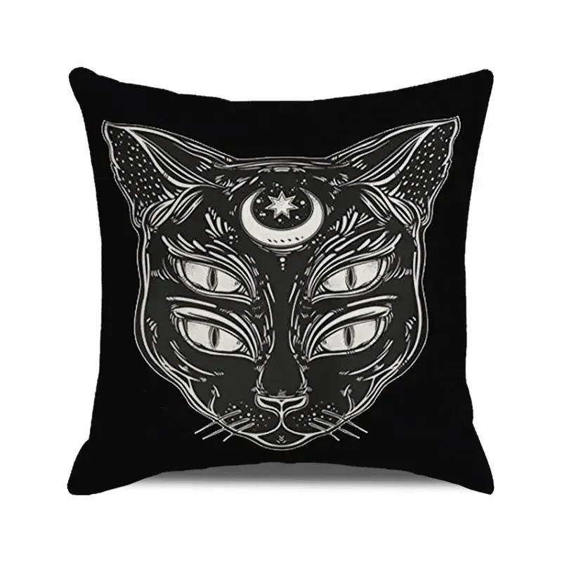Gothic Black Cat Skull Cushion Cover Witchy Pentagram Tarot Peach Skin Throw Pillowcase For Sofa Living Room Halloween Decor