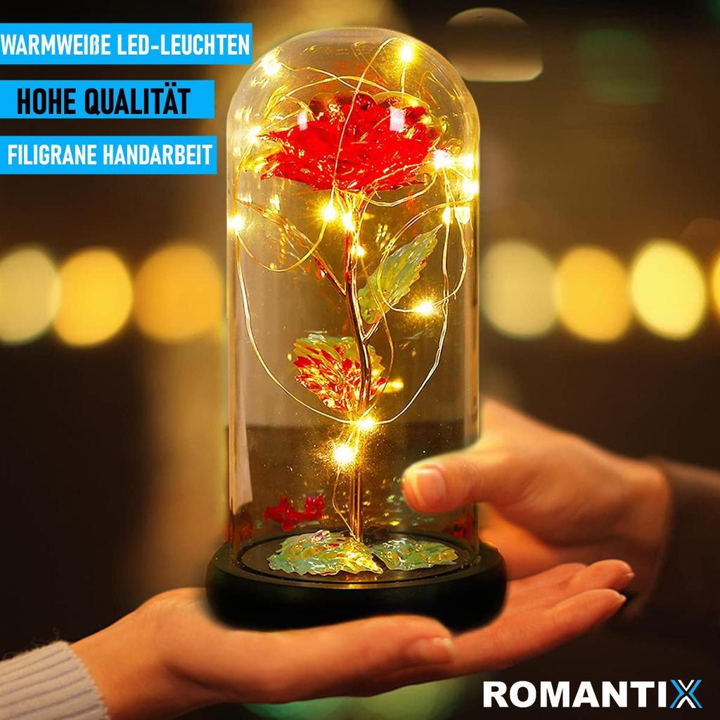 ROMANTIX Ewige Gold Rose im Glas Liebe Geschenk Valentinstag Muttertag LED Licht