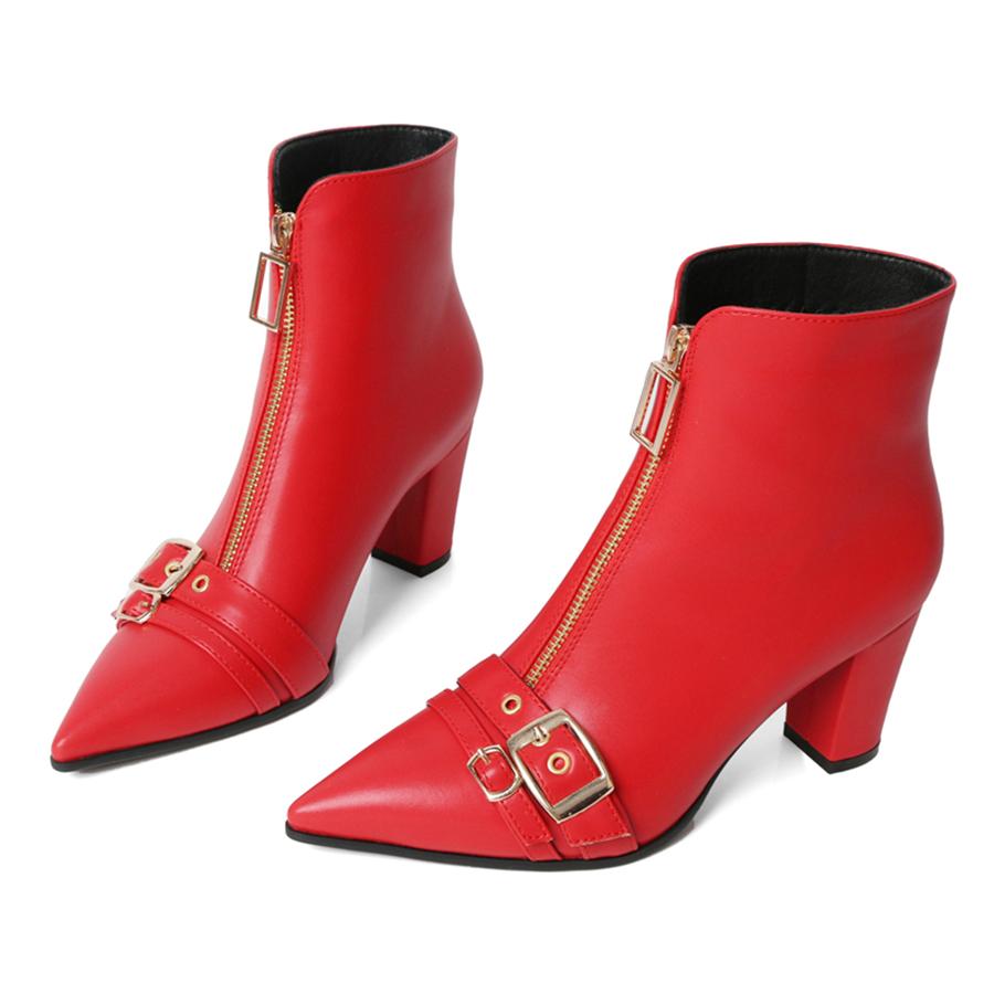 

FOREADA Женские ботильоны с острым носком, на массивном высоком каблуке, с пряжкой и молнией, короткие ботинки, женская модная обувь, зимние, черные 39 красный
