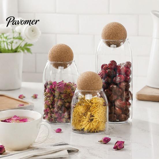 Gift for Home Organization Glass Storage Jar with Wooden Ball Cork Lid, Moisture-proof Airtight Food Heat Resistant Jars Container, Transparent