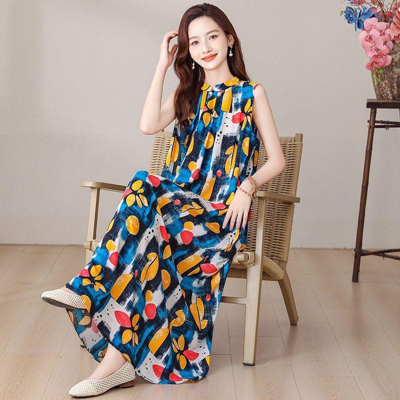 Elegant Floral Print Plus Size Dress for Middle Aged Women Summer Cotton Long Dress