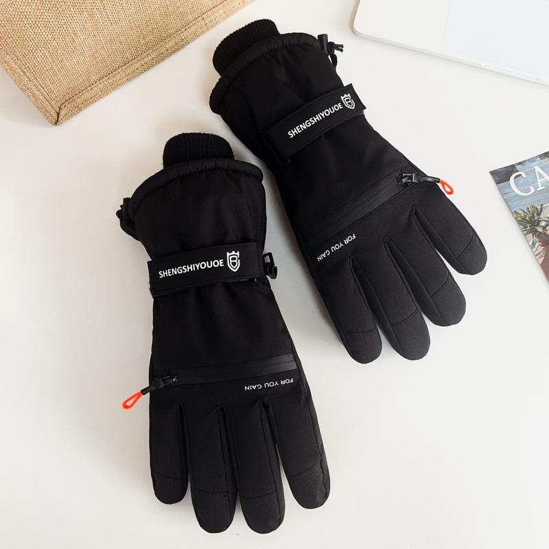 Waterproof ski gloves women's winter zipper piled thickened warm and cold-proof touch screen men's windproof electric vehicle gloves