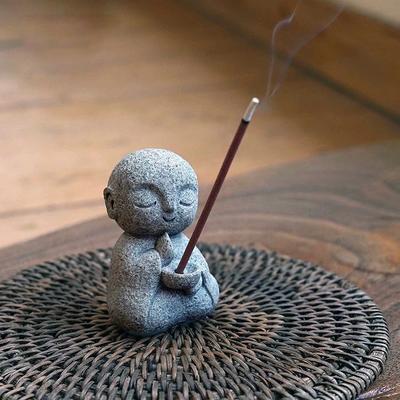 Japanese Mini Buddha Incense Holder for Sticks Little Zen Monk Incense Burner Sandstone for Room Desktop Decor