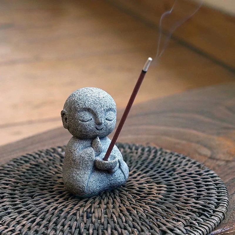 Japanese Mini Buddha Incense Holder for Sticks Little Zen Monk Incense Burner Sandstone for Room Desktop Decor